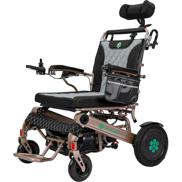 Fauteuil Roulant Motorisé Robuste à Dossier Réglable pour les Voyages et la Routine Quotidienne, Grande Capacité de 230 kg, Appuie-Tête Repose-Pieds Ajustable - Bronze