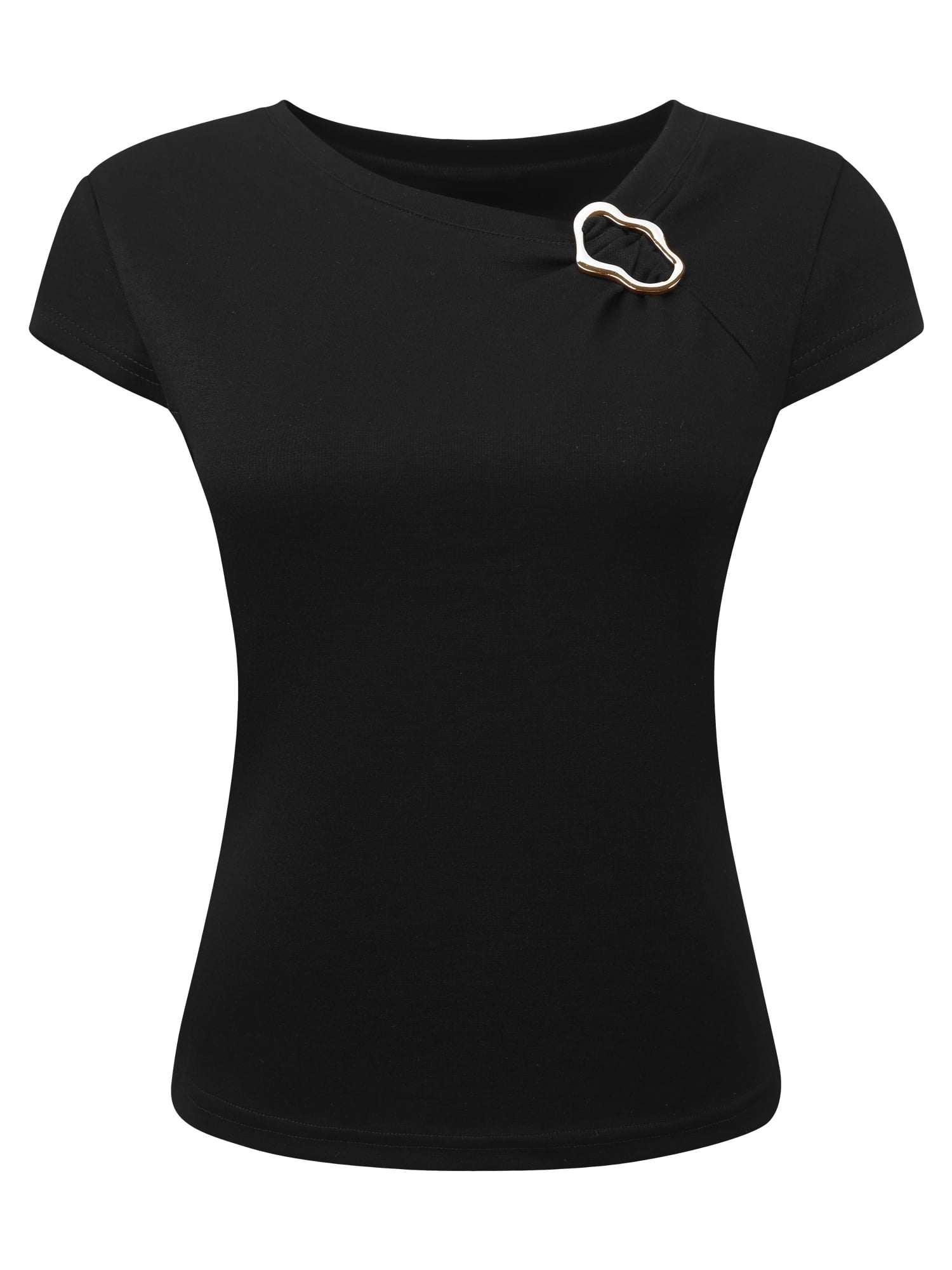DARING DIVA Women's Asymmetric Neck Tops Cap Sleeve Metal Buckle Blouse 2XL Black