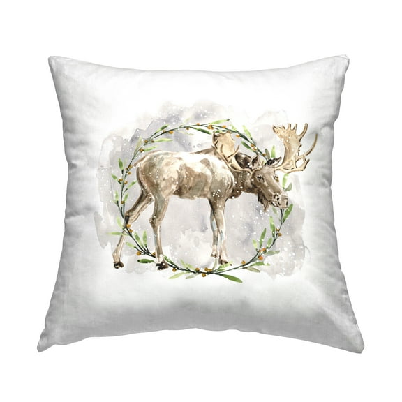 Stupell Industries Moose in Watercolor Wreath 18" x 18" Holiday Print Polyester Throw Pillow, Zip Closure 1 Count
