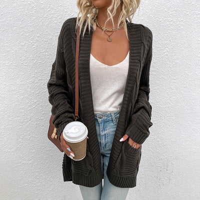 Tralilbee Women's Long Sleeve Cardigan Twist Cardigan Mid-length Twisted Rope Cardigan Sweater