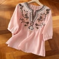 thumbnail image 3 of Summer Women Boho T-Shirts Floral V Neck Embroidered Tops Short Sleeve Loose Casual Flowy Trendy Shirts Pink L, 3 of 6