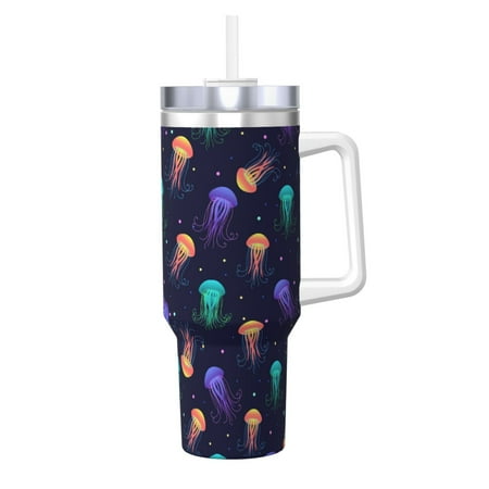 

Goofa Sea Jellyfish Print 40oz Ice Bully With Handle And Straw Stainless Steel Vacuum Insulated Cup And 2 In 1 Straw Lid