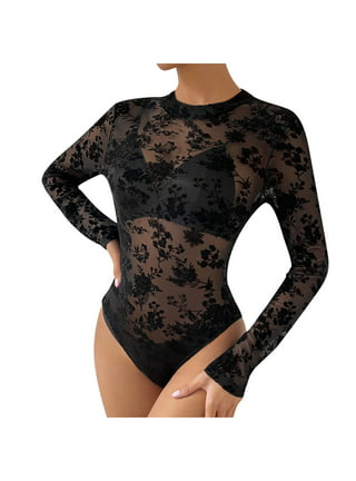 Women Bodysuit Long Sleeve Leotard Net Lingerie see through Black Top Bodie
