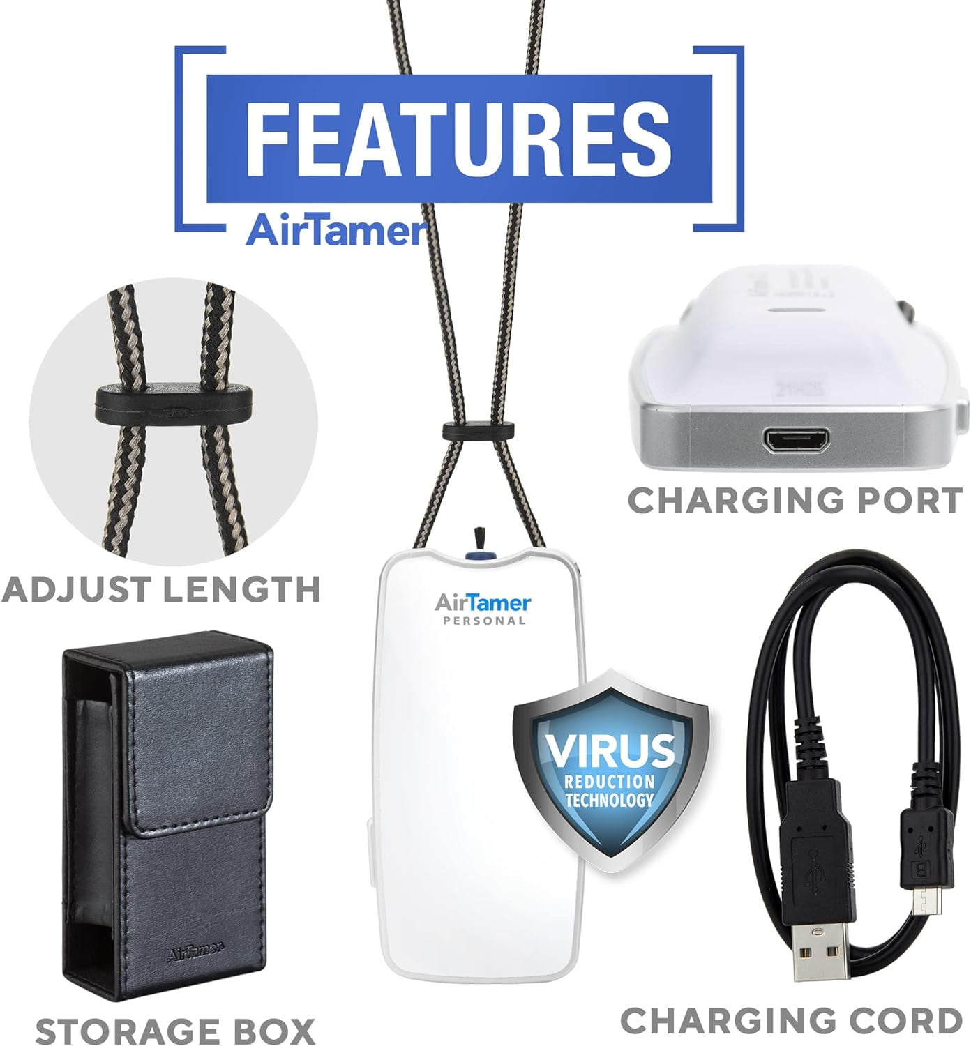 AirTamer A310 Rechargeable Personal Air Purifier, Proven Performance, Virus and Pollutant Tested*, White with Leather Travel Case
