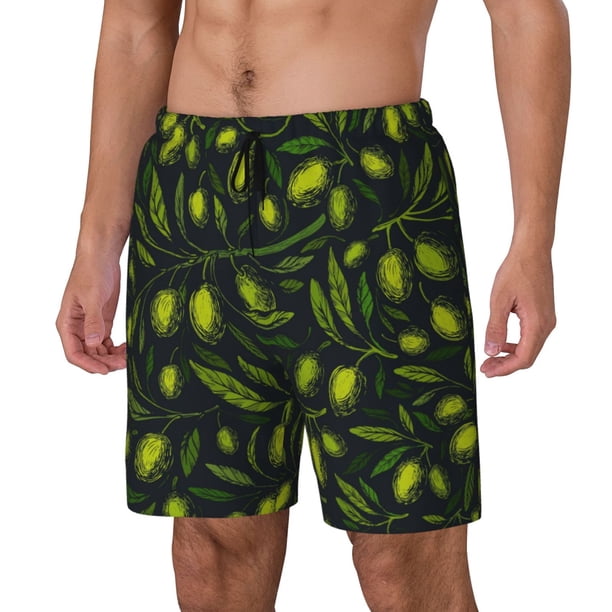 Balery Green Branch Olive Bañador para hombre, shorts de playa de secado rápido con entrepierna y forro de compresión-Small