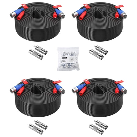 4 Pack 150ft (45 Meters) All-in-One Video Power Cable, BNC Extension Surveillance Camera Cables for Video Security DVR Camera Systems (Included 4X BNC Connectors and 4X RCA Adapters)-Black