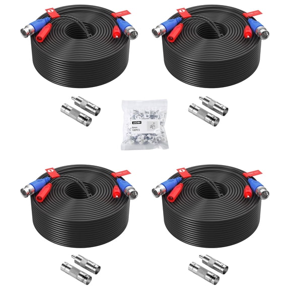 4 Pack 150ft (45 Meters) All-in-One Video Power Cable, BNC Extension Surveillance Camera Cables for Video Security DVR Camera Systems (Included 4X BNC Connectors and 4X RCA Adapters)-Black