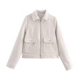 thumbnail image 4 of Women Cropped Bomber Jacket Button Down Varsity Shacket with Pockets Lapel Neck Long Sleeve Full Zip Casual Coat, 4 of 7