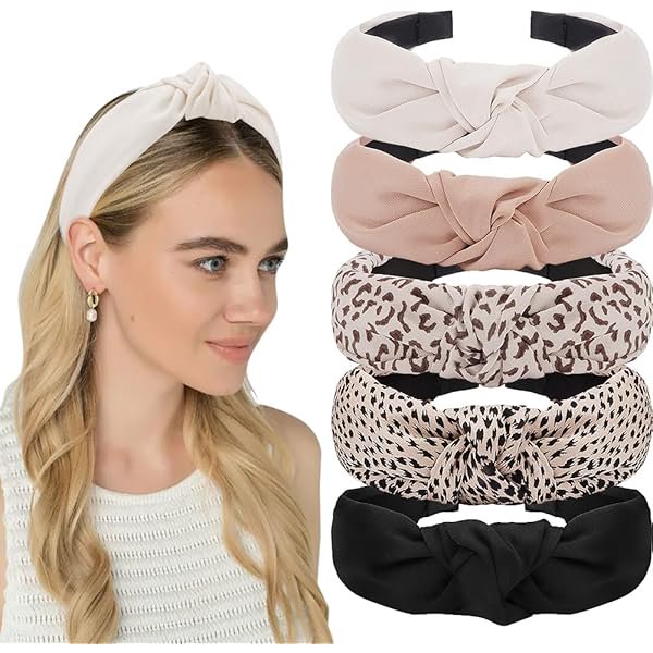 wonima44 AHONEY 5 Pack Knotted Headbands for Women Trendy Fashion Thick Headbands Top Knot Non Slip Cute Hair Accessories Multi-style Headband Pack Diademas Para Mujer (Neutral)