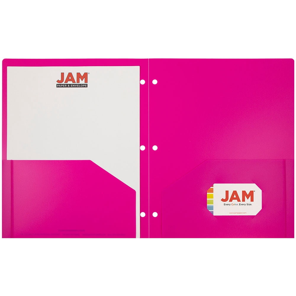 JAM Paper Plastic 2 Pocket 3 Hole Punch Fuchsia Pink Folder, 108/pack