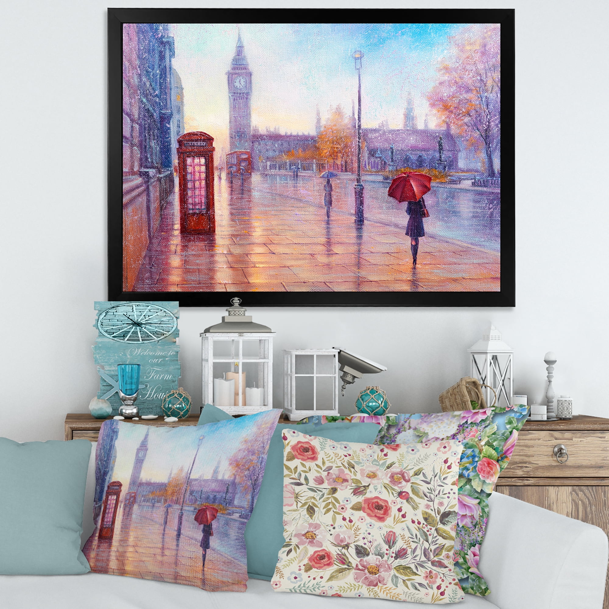 Designart 'Big Ben and Woman With Red Umbrella In London Street' French Country Framed Art Print