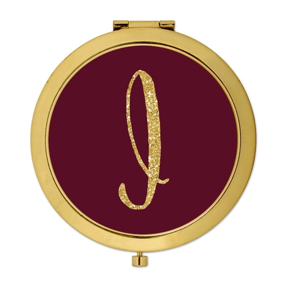 Koyal Wholesale Gold Compact Mirror Bridesmaid's Wedding Gift, Burgundy Maroon Jewel Tone , Monogram Letter I, 1-Pack
