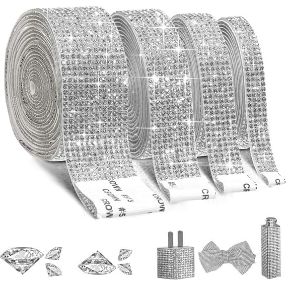8 Rolls Rhinestone Ribbons,Cludoo 8 Yard Silver Self Adhesive Rhinestone Ribbon, Bling Crystal Diamond Ribbon Roll Wrap Glittering Rhinestones Sticker for Decoration Car DIY Arts Crafts Wedding