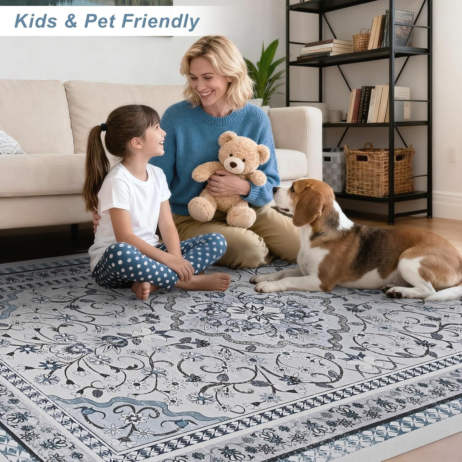 Bleum Cade Large Area Rug for Living Room, 5x7 Machine Washable Boho Rug for Bedroom, Soft Low Pile Non Slip Boho Dining Room Rug, Floral Vintage Floor Carpet for Bedroom Home Office,Blue