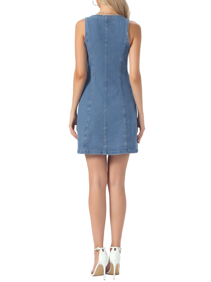 collarless denim dress Inspire Chic Jean Dresses for Women Button Down V Neck Sleeveless Mini with Pockets S Light Blue, Women's, Size: Small one size dress What to Wear under Size:M | US 6 | AUS/UK 10 stretch denim Composition Sleeveless denim jacket