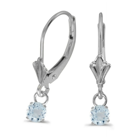 10k White Gold 5mm Round Genuine Aquamarine Lever-back Earrings