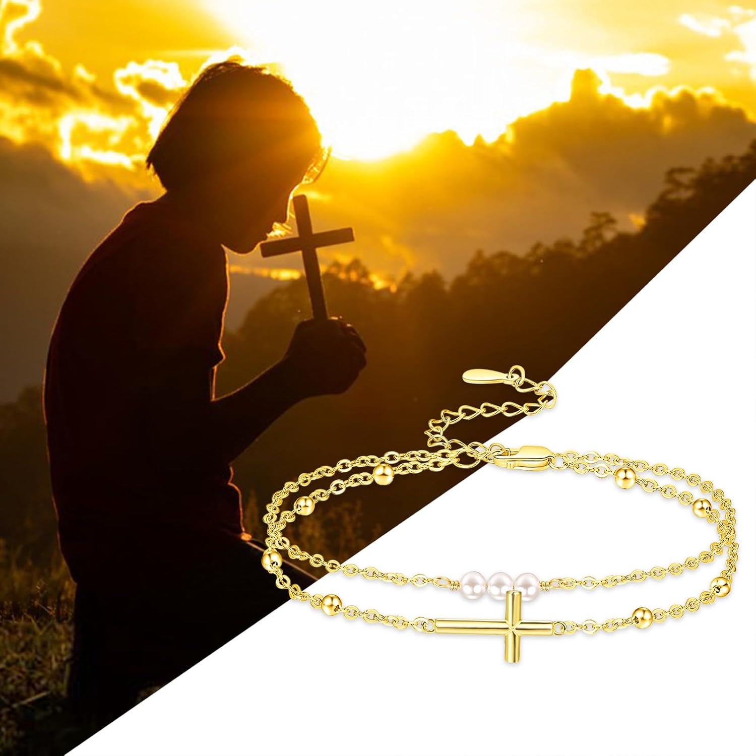 Palpitate Cross Anklet for Women Pearl Cross Ankle Bracelets 14K Gold Plated Adjustable Layered Foot Bead Chain for Women