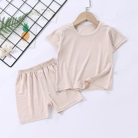 

HAOTAGS Toddler Boys Girls Round Neck Short Sleeve T Shirt Solid Color High Waisted Shorts Set Khaki Size 5-6 Years