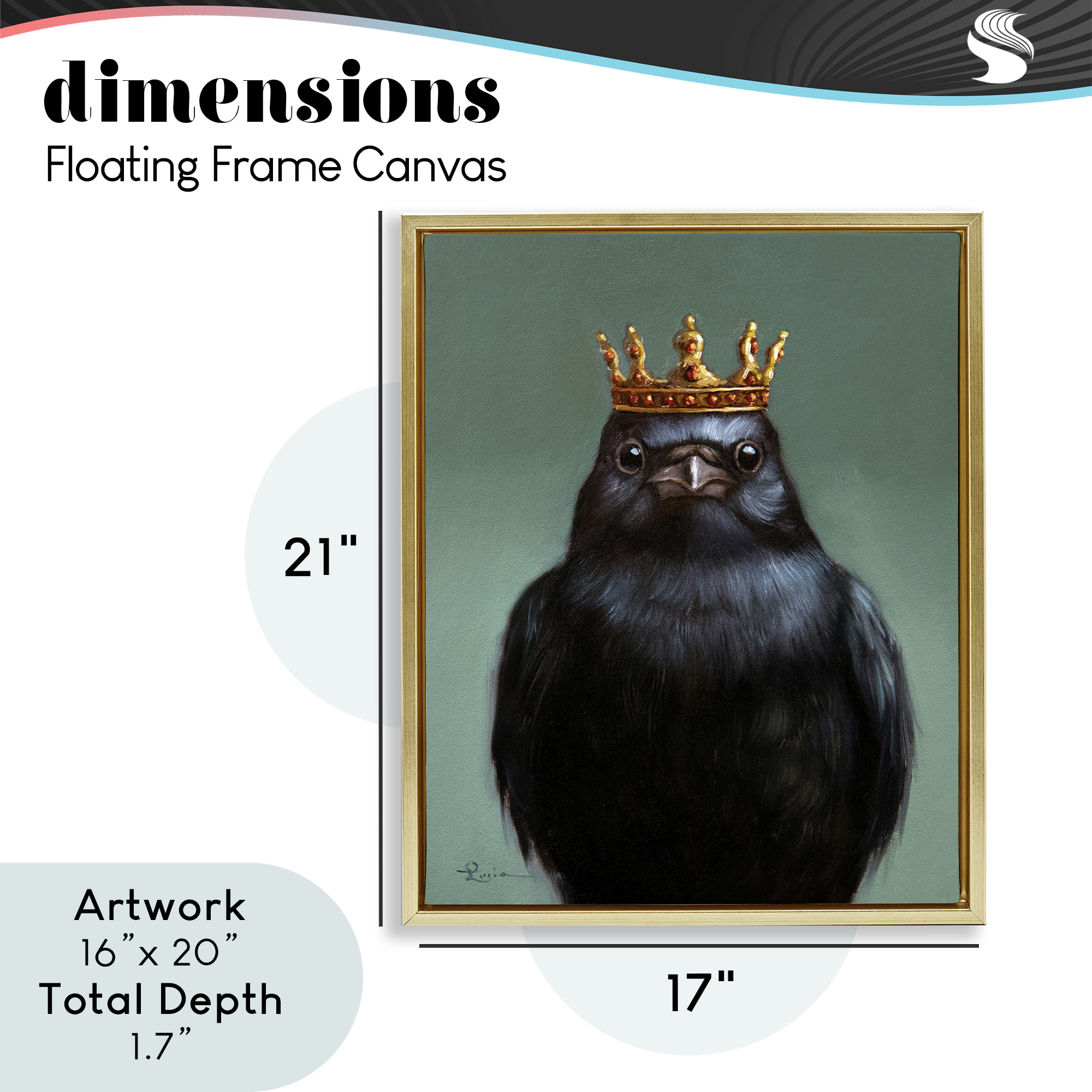 King Crow Portrait Gold Framed Floater Canvas Wall Art, design by Lucia Heffernan