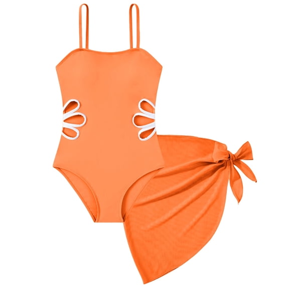 YunPes Girls Swimsuit Cute Fashion Waist Cut out One Piece Bathing Suit with Solid Cover up Skirt Sarong Wraps Girls' Swimwear