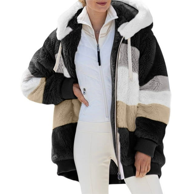 Womens Winter Fuzzy Fleece Jacket Hooded Color Block Patchwork Cardigan Coats Outerwear with Pockets Black 5XL