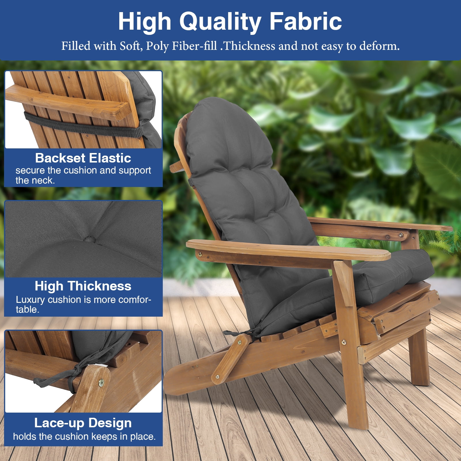 YEERSWAG Outdoor Adirondack Chair Cushions 43x20, Non-Slip Water Resistant High Back Patio Rocking Chair Pad with Ties,Dark Grey