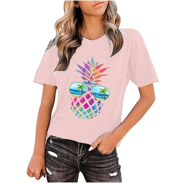 Tops de camiseta de gafas de piña informales sueltos con estampado de cuello redondo para mujer a la moda Fridja nalpqowj5358