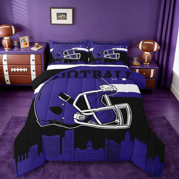 jejeloiu American Rugby Football Twin Comforter Sets,Purple Black Bedding Set For Boys Teens Reversible 2pcs