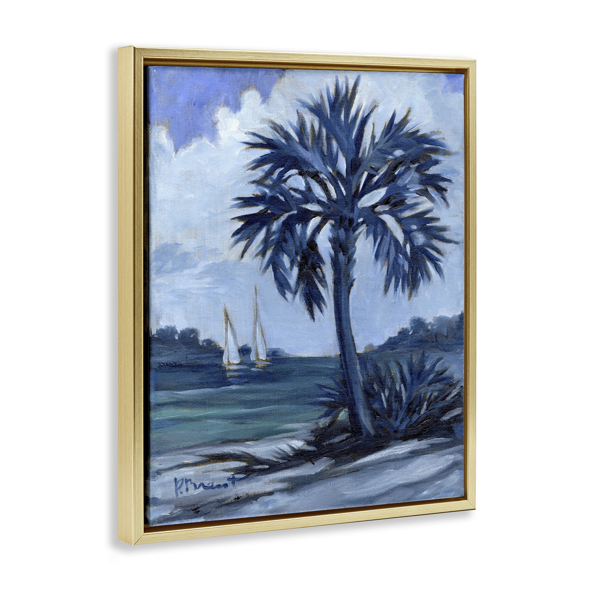 Stupell Industries Blue Palm Impressions Landscape & Nature Painting Gold Floater Framed Canvas Art Print Wall Art, 17 x 21