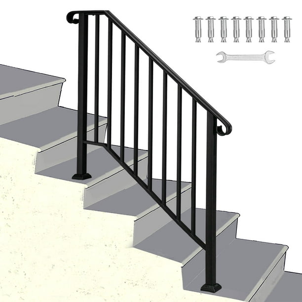 SamyoHome 3 or 4 Steps Matte Black Stair Rail Wrought Iron Handrail ...