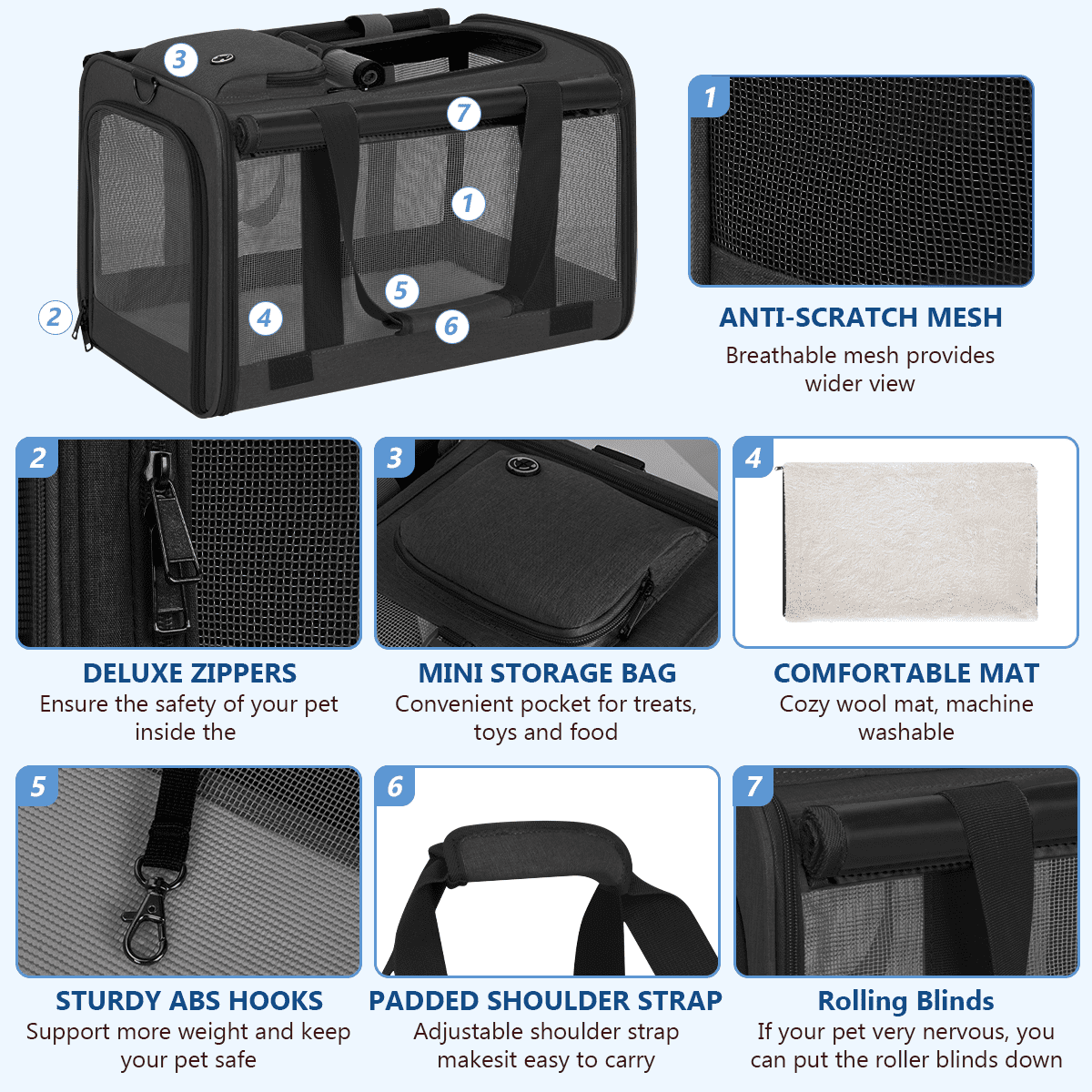Cat Carrier, Cat Carriers for Large Cats up to 25LB, large Cat Carrier with a Bowl, Soft Sided Carrier with 2 Side Roller Blinds for Pet Cat Kitten Small Dog Puppies Airline Approved, Black