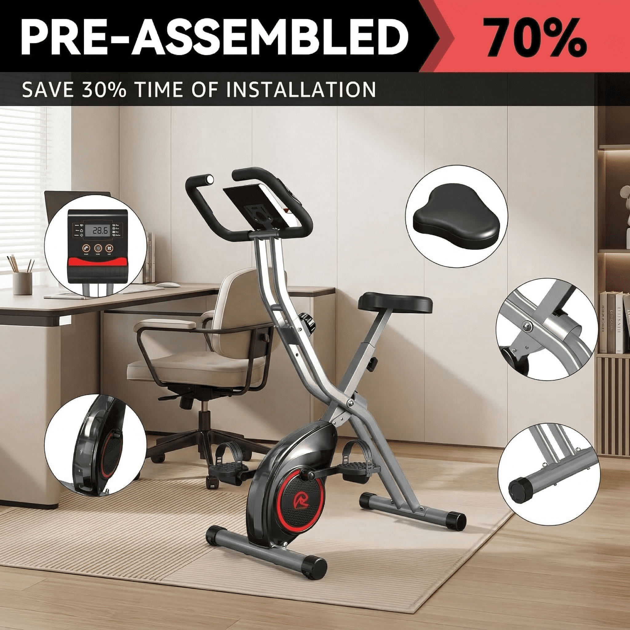 USLIM Foldable Exercise Bike for Small Apartments, Stationary Bikes for Home Workout with 16-Level Magnetic Resistance, LCD Monitor, 260 lb Capacity