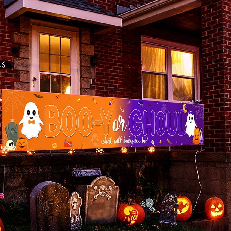 Halloween Gender Reveal Backdrop 7x5ft - Spooky Baby Shower Photo Booth Background, Ghoul & Pumpkin Theme