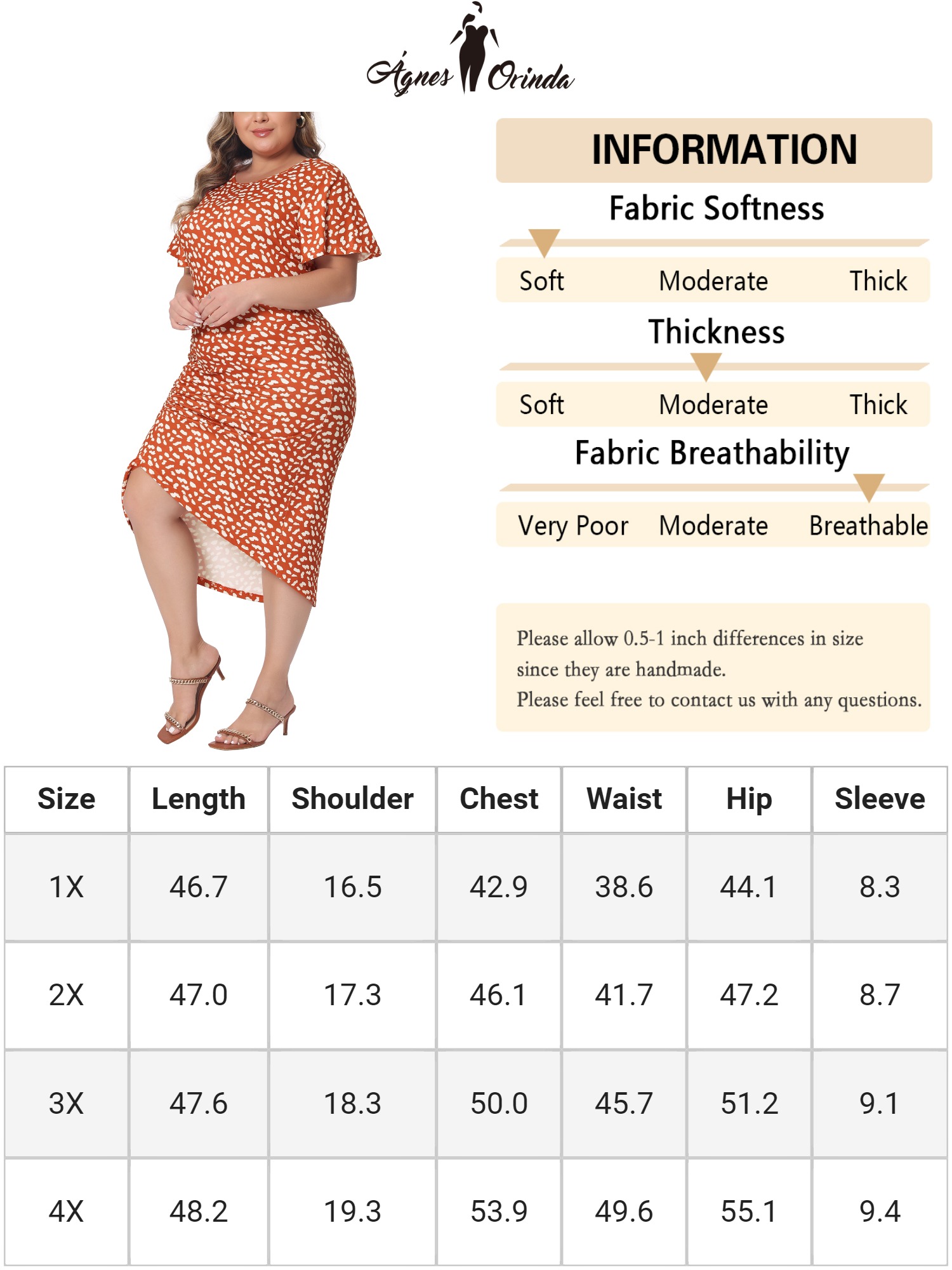 DARING DIVA Women's Plus Polka Dots and Ruched Round Necks Dress 4X Orange