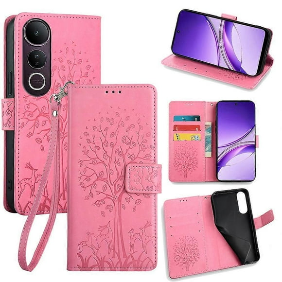 For vivo V50 Lite 5G Case PU Leather Wallet Phone Cover Tree Deer Imprinted - Green