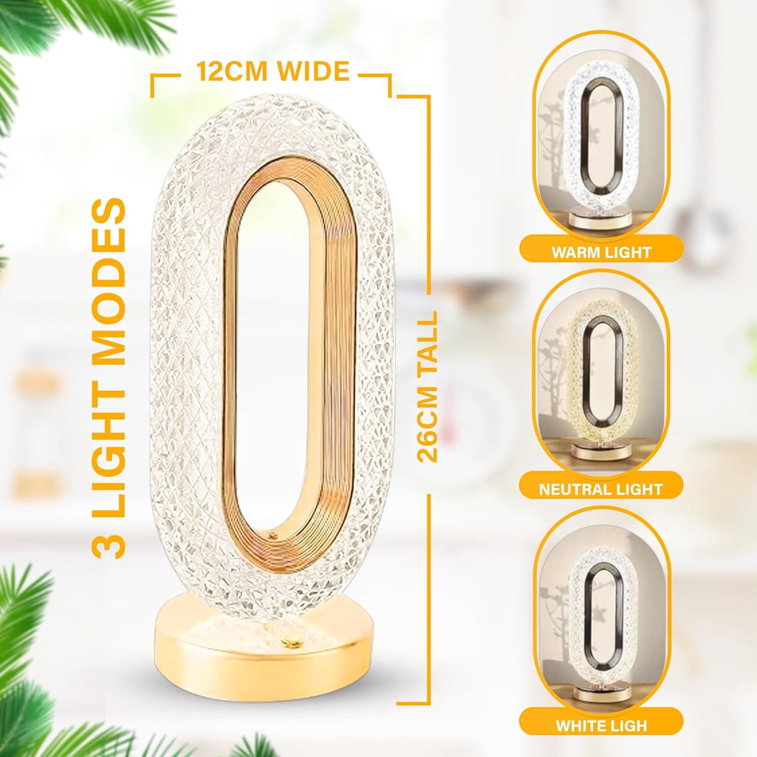 Crystal Table Lamp,Cordless Gold Rechargeable 3 Color Small Lamp Changing Night Light with USBCharging Port for Bedroom, Desk,Livingroom