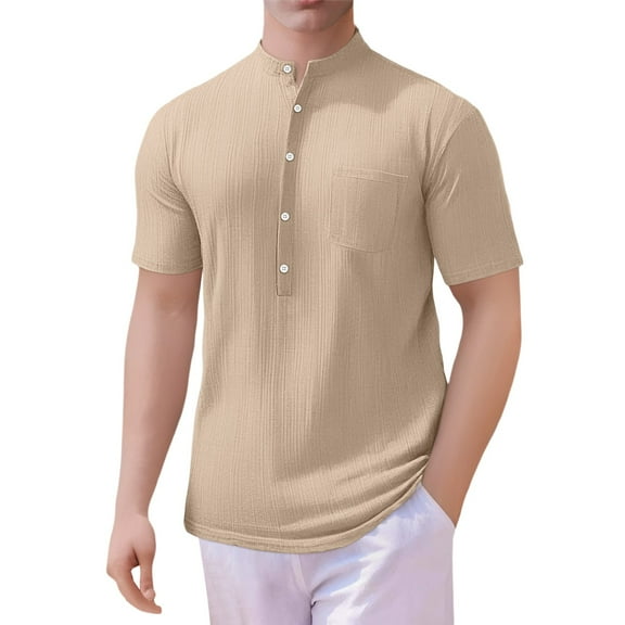 Dpytoraw Men's Spring And Summer Fashion Stand Collar Short Sleeved Shirt Loose Casual Jacquard T Shirt Big and Tall T-Shirts Khaki L