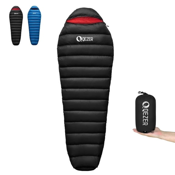 QEZER Ultralight Down Sleeping Bag for Adults, 650FP, 860g, 3-Season Compact for Backpacking & Camping, 36°F-46°F