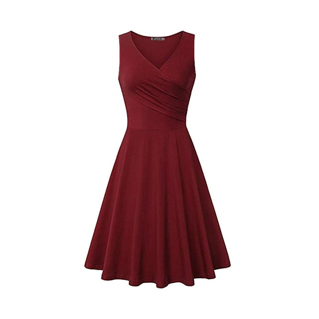 WTXUE Robes Chemises, Robes Chemises Sans Manches pour Fête de Thé Col en V, Robe Décontractée pour Femmes Robe T-Shirt Ajustée Robe Évasée Robe Unie Froncée Robe Mi-Longue Unie pour Femmes, Rouge Taille m