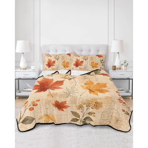 Quilts Full Size, Thanksgiving Fall Soft Comforter Bedding Set for Bed, Watercolor Orange Maple Leaves Plants Lightweight Quilted Bedspread with Pillow Cover(2 Pieces) for All Season, 78x90 Inch