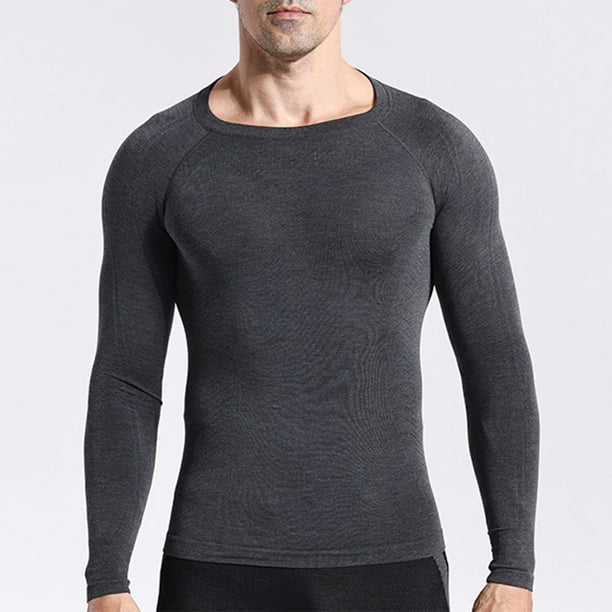 pstuiky camisas de manga larga para hombre, Camisa deportiva de manga larga raglán con cuello redondo, transpirable y elástica, de color liso, para hombre salir tops m