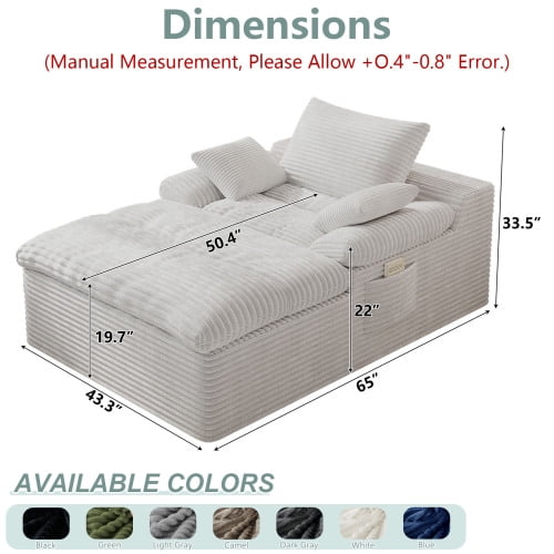 Leumius Oversized Chaise Lounge Chair Indoor,Corduroy Upholstered Sofa Bed with Deep Seat,Cozy Lounge Chair Sleeper Sofa for Living Room,Bedroom,No Assembly Required,Cream White