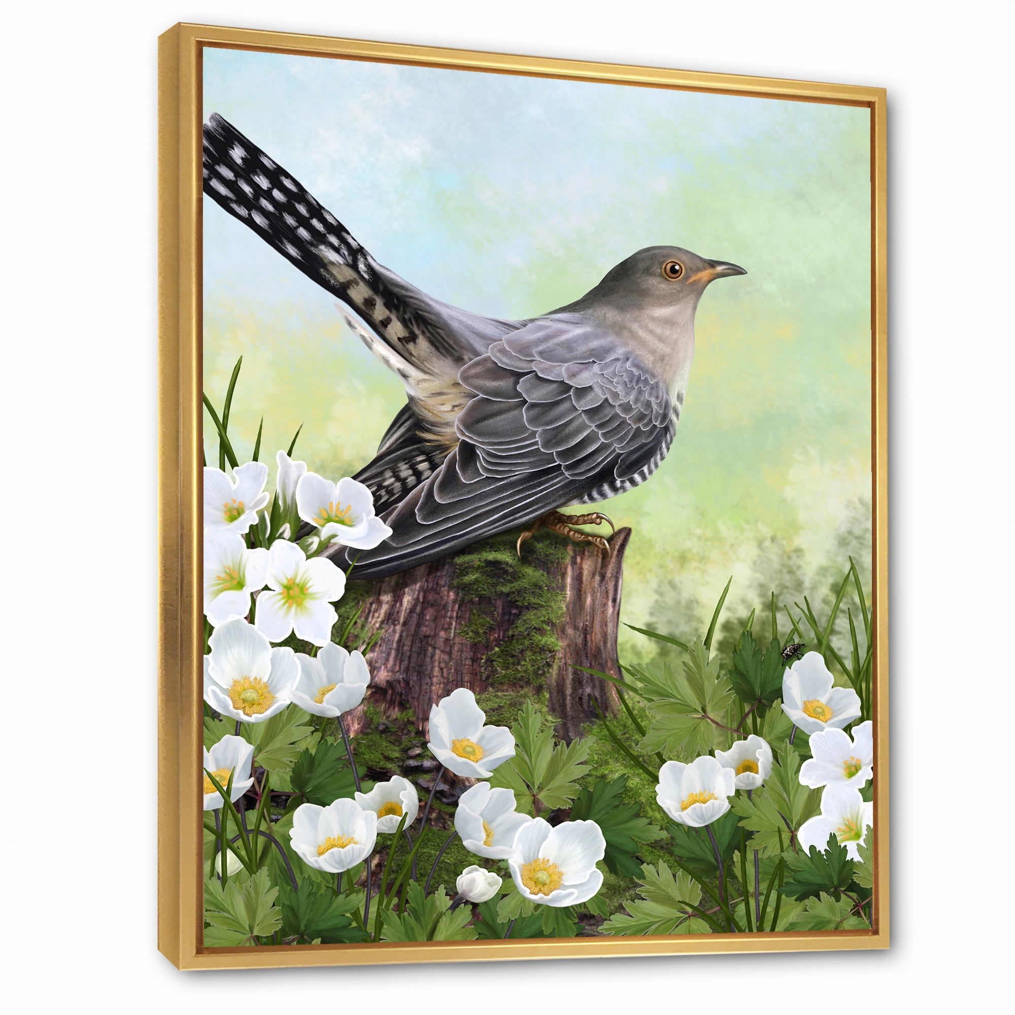 Designart 'Cuckoo Bird On An Old Stump and White Flowers' Traditional Framed Canvas Wall Art Print