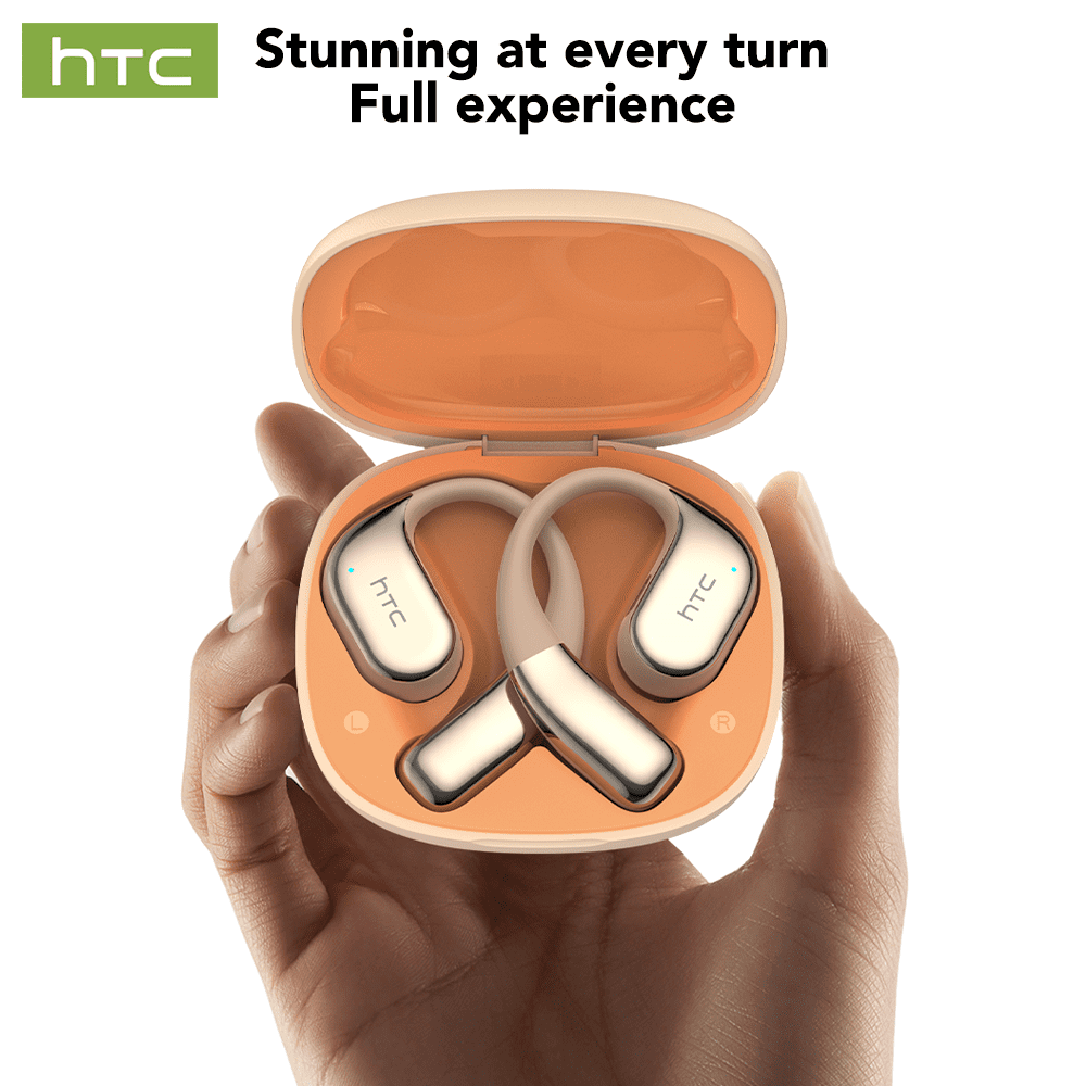 HTC NE39 Wireless Bluetooth 6.0 Open-Ear Earbuds, AI Translator, Noise-Cancelling Headphones, 130+ Languages, 40H Playtime, IPX5 Waterproof, Beige + Gold+Earbud Case