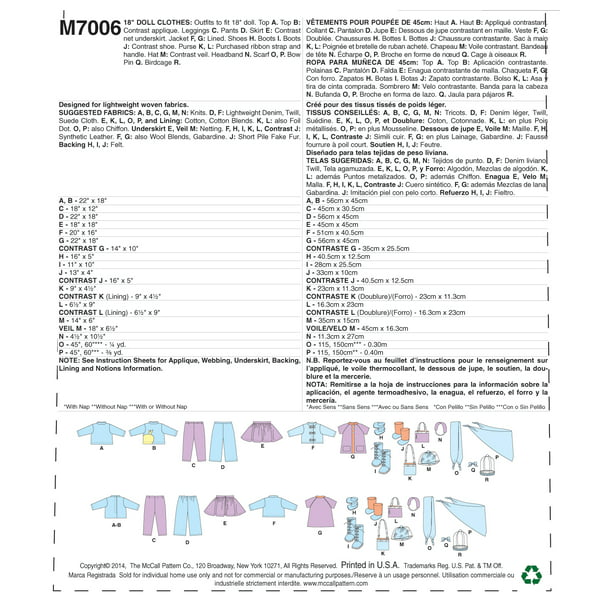 McCall PatternClothes For 18 Doll-One Size Only - Walmart.com