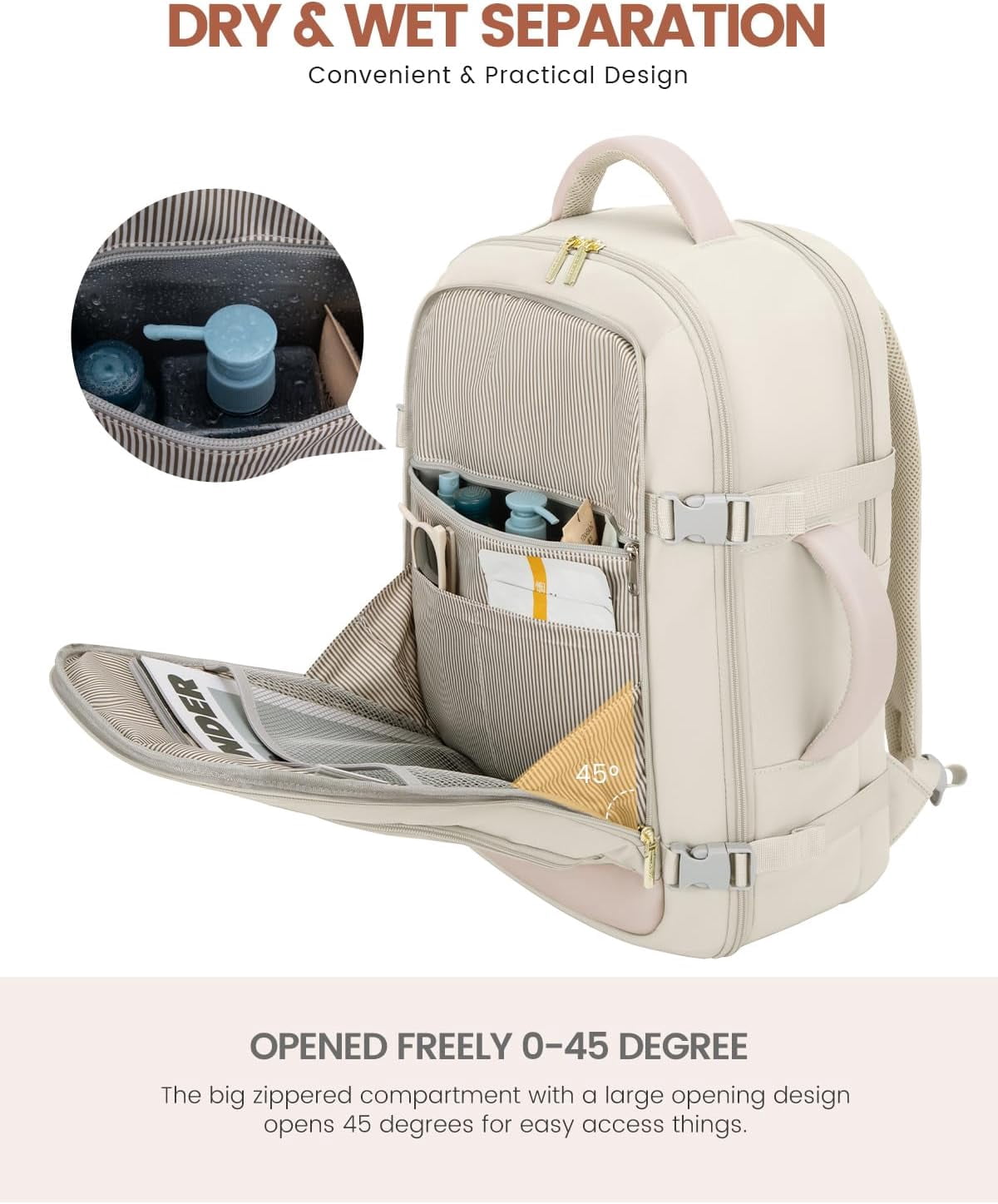 LOVEVOOK Travel Backpack For Women, 40L Carry On Backpack Flight Approved, TSA Personal Item Travel Bag Fits 17 Inch Laptop, Business Weekender Overnight Waterproof Daypack With 2 Cubes, Grey-Pink