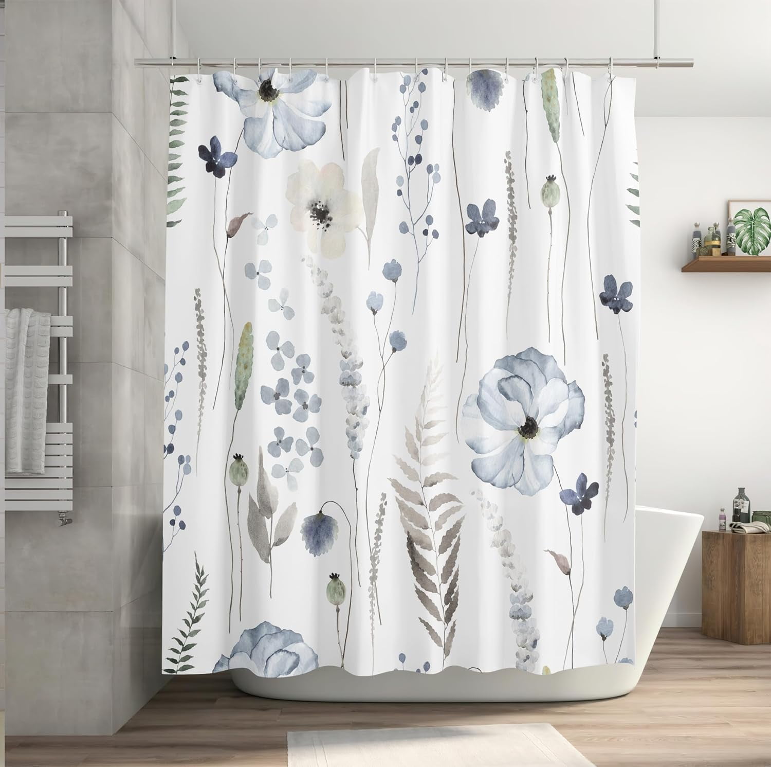 Blue Watercolor Floral Shower Curtain 72 x 72 Inch, Waterproof Fabric Flowers Shower Curtain for Bathroom, Minimalist Wildflower Shower Curtain with 12 Hooks