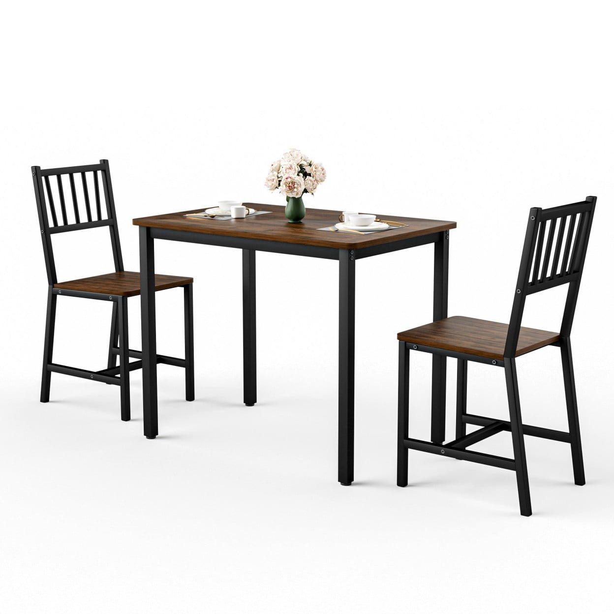 3 Piece Dining Table Set with 2 Chairs, Industrial Counter Height Kitchen Table Set, Breakfast Table for Small Space Dining Room Living Room, Walnut