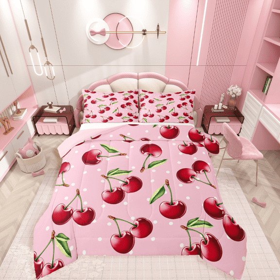 Manfei Red Cherry 2pcs Bedding Comforter Set,Tropical Fruit Twin Comforter Sets,Botanical Leaves Breathable Bedding Set,Breathable Teenager Bedroom Decor,Reversible