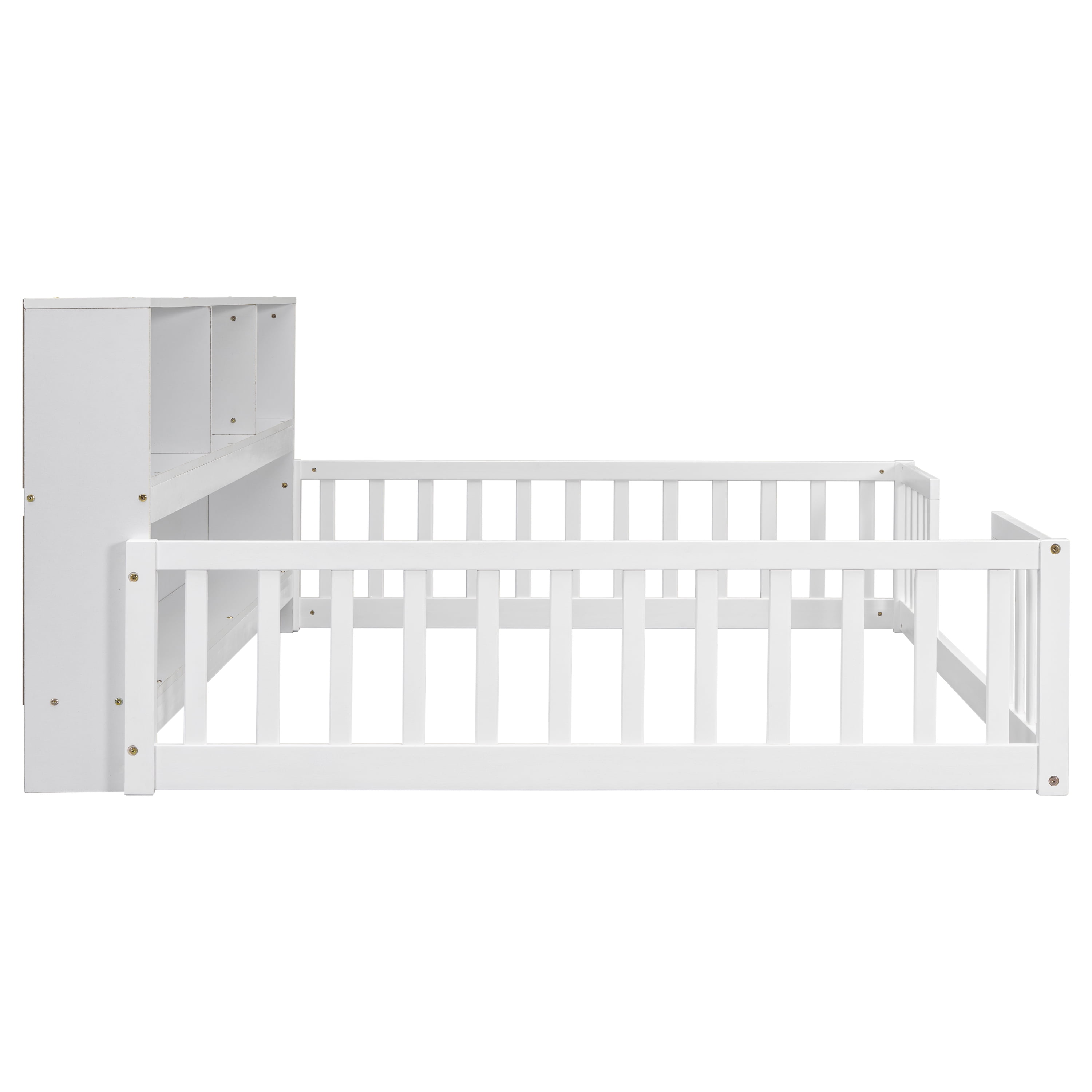 Miniyam Full Floor Bed with Bookcase Shelves and Guardrails, Wood Low Profile Bed Frame, White